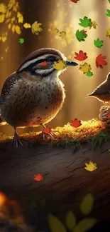 Charming woodland birds on a sunlit log, surrounded by a serene forest.