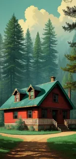 A charming forest cabin surrounded by towering green trees and a dirt path.