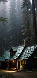 Cozy cabin nestled in a misty forest with tall trees and green roof.