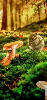 Chipmunk in a lush forest with mushrooms and moss.