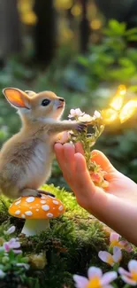 Cute animal on mushroom, nature scene with hand and flowers.