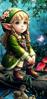 Charming forest elf sitting amidst glowing mushrooms in a mystical landscape.