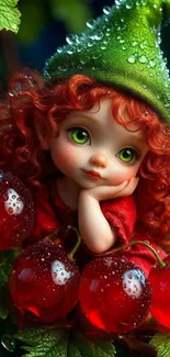 Fantasy forest fairy with red hair, green hat, and berries.
