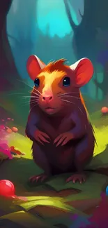 Cartoon mouse in colorful forest wallpaper.