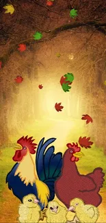 Roosters and chicks on a forest path, creating a vibrant nature scene.