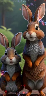 Adorable rabbit duo in lush forest setting, vibrant colors, perfect for mobile wallpaper