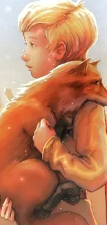 Illustration of a boy holding a fox amidst a warm-toned field.