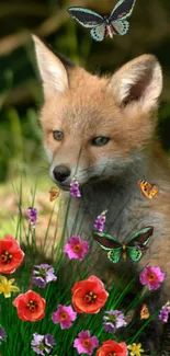 Fox with colorful flowers and butterflies in natural setting wallpaper.