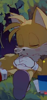 Animated fox sleeping in forest with books and fireflies.