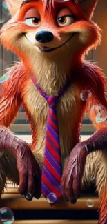 Charming animated fox with tie and bubbles pops on screen.