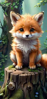 Adorable fox sitting on a tree stump in an enchanting forest setting.