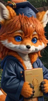 Charming fox character in graduation attire holding a diploma.