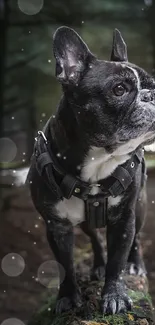 French Bulldog standing on a mossy log in a tranquil forest.