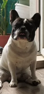 Adorable French Bulldog sitting by the door in sunlight, with house plants in the background.