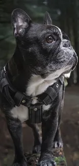 French Bulldog with harness in green forest background.