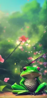 Charming frog in a whimsical forest with pink flowers and vibrant green hues.