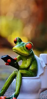 Whimsical frog figurines relaxing in a bathroom setting.