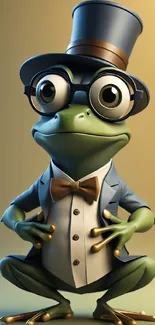 Whimsical frog in suit with top hat and bow tie.