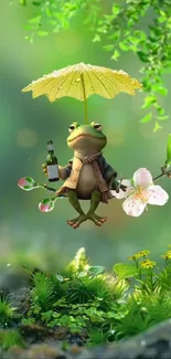 Frog holding umbrella in lush garden art.