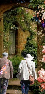 Two people walking through a rustic garden archway surrounded by roses and greenery.