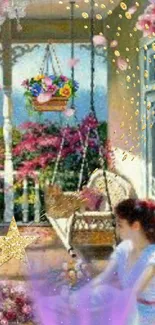 Woman relaxing on a floral balcony swing in a serene garden setting.