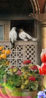 Birds among vibrant garden flowers with elegant architectural backdrop.