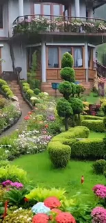 Lush garden with a charming cottage and vibrant flowers.