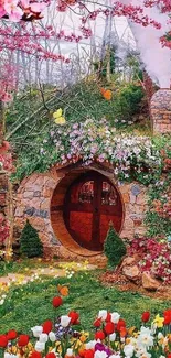 Hobbit house in a vibrant floral garden, perfect for nature lovers.