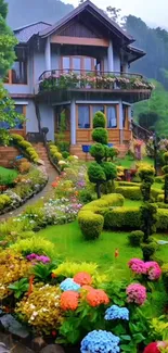 Charming house with vibrant garden and lush greenery in serene landscape.