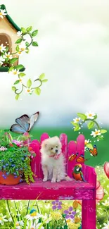 Charming garden scene with puppy, flowers, butterflies, and birds, perfect as phone wallpaper.