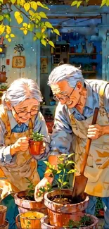 Elderly couple enjoying gardening in a lush green outdoor setting.