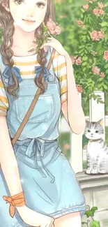 Anime girl in denim overalls with cat in lush garden.