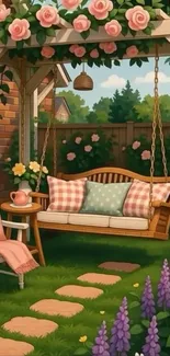 Charming garden swing with flowers and cozy seating area.