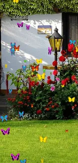 Open window view of vibrant garden with colorful flowers and lush greenery.