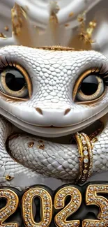 Smiling lizard with golden jewelry and 2025 text in white background.