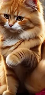 A fluffy ginger cat with a warm, golden background.