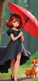 Cartoon girl with red umbrella in forest.