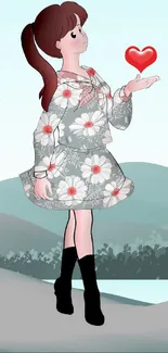 Cartoon girl in floral dress holding a heart in a pastel landscape.