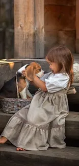 A young girl and her puppy on wooden steps.