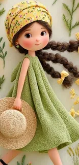 Illustration of a charming girl in a green dress with braided hair and floral background.