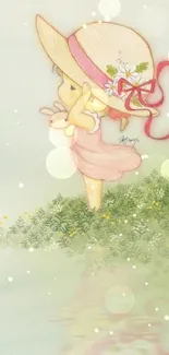 Cartoon girl in pastel dress with bunny, in nature setting.