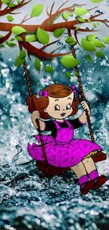 Cartoon girl swings with water splash background.