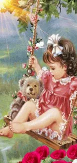 Little girl on a swing with teddy bear in a floral setting.