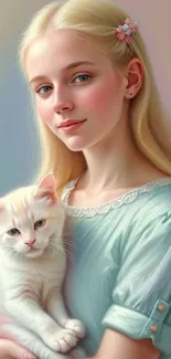 A blonde girl gently holding a white kitten in a pastel color setting.