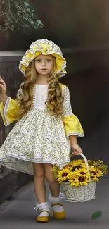 Girl in vintage dress holding basket of sunflowers on a serene path.