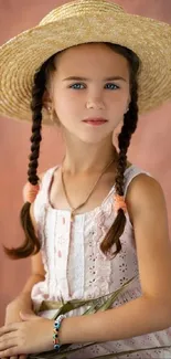 Young girl with braids and hat against a peach background.