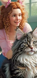 Girl with pink cat ears and a fluffy cat in a cozy room.