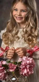 Smiling girl holds basket of pink roses in elegant vintage dress.