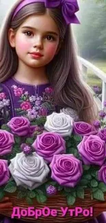 Girl holding a bouquet of purple and white roses in a serene setting.