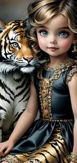 A girl with striking eyes beside a majestic tiger in a digital artwork.